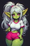 big_ass big_breasts buruma goblin goblin_female green_skin pink_eyes school_uniform silver_hair thick_thighs