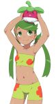 >o< armpits arms_up bangs bare_shoulders bikini blush bounsweet breasts bubukka closed_eyes closed_mouth dark_skin floral_print green_bikini green_eyes green_hair hair_ornament happy holding mallow mallow_(pokemon) mao_(pokemon) midriff navel on_head open_mouth pokemon pokemon_(anime) pokemon_(creature) pokemon_sm simple_background smile staryu stomach strapless swept_bangs swimsuit thighs trial_captain tubetop twintails twitter white_background