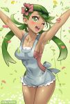  1_female 1_girl 1_human ;d apron armpits arms_up artist_name bangs bare_shoulders blush breasts cleavage clothed collarbone covered_navel dark_skin female female_human female_only flower flower_on_head green_eyes green_hair hair hair_ornament happy human human_only long_hair mallow mallow_(pokemon) mao_(pokemon) medium_breasts one_eye_closed open_mouth out-of-frame_legs petals pink_shirt pokemon pokemon_(game) pokemon_sm ribbon satou_shouji shirt sideboob sleeveless sleeveless_shirt smile solo standing swept_bangs teeth text thighs trial_captain twintails twitter wink 