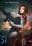  1girl artist_name ass black_hair blue_eyes captain_america_the_winter_soldier genderswap genderswap_(mtf) gun lips marvel nudtawut_thongmai rifle short_hair thighs weapon winter_soldier 