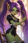 big_ass goblin goblin_female green_skin maid maid_uniform pink_eyes purple_hair
