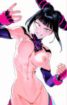  black_hair evil_smile fingerless_gloves hair_horns han_juri looking_at_viewer medium_breasts muscular_female nekom14 nipples no_bra pink_eyes pussy street_fighter street_fighter_iv_(series) twin_tails 
