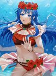 1girl 1girl alluring bikini blue_eyes blush canvas_(object) female_focus fire_emblem fire_emblem:_the_binding_blade fire_emblem_heroes flower hair_between_eyes hair_flower hair_ornament high_res intelligent_systems kyufe lilina_(fire_emblem) lilina_(summer)_(fire_emblem) long_hair looking_at_viewer medium_breasts navel nintendo simple_background smile swimsuit underwater water