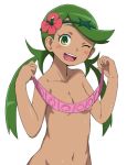 1girl ;d arms_up bangs bare_arms bare_shoulders blush breasts bubukka collared_shirt condom condom_packet_strip condom_wrapper covering_nipples dark_skin flower flower_on_head green_eyes green_hair hair_flower hair_ornament happy holding holding_condom long_hair mallow mallow_(pokemon) mao_(pokemon) navel nude one_eye_closed open_mouth pokemon pokemon_(game) pokemon_sm shirt simple_background smile solo stomach swept_bangs trial_captain twintails twitter white_background