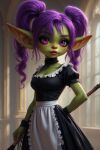 big_ass goblin goblin_female green_skin maid maid_uniform pink_eyes purple_hair