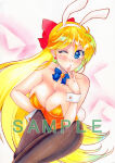 1girl 1girl adult_swim alluring animal_ears big_breasts bishoujo_senshi_sailor_moon bishoujo_senshi_sailor_moon_r bishoujo_senshi_sailor_moon_r_the_movie bishoujo_senshi_sailor_moon_s bishoujo_senshi_sailor_moon_s_the_movie bishoujo_senshi_sailor_moon_supers bishoujo_senshi_sailor_moon_supers_the_movie blonde_hair blowing_kiss blue_eyes bow bowtie cleavage detached_collar hair_bow high_res long_hair looking_at_viewer minako_aino one_eye_closed pantyhose playboy_bunny rabbit_ears saffron_factory toei_animation toonami v wrist_cuffs