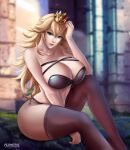 1girl 1girls big_breasts black_lingerie black_thighhighs blonde_hair blue_eyes breasts cleavage earrings female_only flowerxl light-skinned_female lingerie looking_at_viewer mario_(series) nintendo princess_peach seductive_smile sitting smile smiling_at_viewer stockings