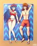 1boy 1girl _jarckius arm_behind_head beach bikini blue_eyes blue_hair brown_eyes brown_hair fire_emblem fire_emblem:_the_binding_blade flower head_wreath high_res holding_hands intelligent_systems jarckius jewelry lilina_(fire_emblem) lying medium_breasts necklace nintendo on_back red_bikini rutger_(fire_emblem) sand sandals smile swimsuit towel