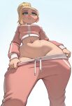 ai_generated bare_thighs belly_piercing big_breasts big_breasts blat_0 blonde_hair blue_eyes courtney_babcock huge_breasts huge_thighs light-skinned_female light_skin low-angle_view pants_down paranorman ponytail solo_female squatting sweat sweatdrop thick_body thick_female thick_thighs thighs thighs_bigger_than_head track_suit voluptuous voluptuous_female