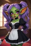 big_ass goblin goblin_female green_skin maid maid_uniform pink_eyes purple_hair