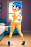 1girl 1girl 1girl ai_generated anus ass bed bedroom blue_eyes blue_footwear blue_hair breasts disney from_behind full_body high_heels high_res indoors inside_out inside_out_2 joy_(inside_out) looking_at_viewer looking_back nipples nude open_mouth pixar presenting progenarts pussy short_hair small_breasts smile spread_anus spread_ass uncensored watermark web_address window wooden_floor