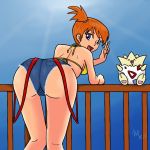 2012 ass big_ass bikini bikini_top bra dat_ass dayum deviantart jean_shorts looking_at_viewer looking_back looking_over_shoulder misty pokemon shorts signature smile string_bikini sunsetsovereign togepi v yellow_bikini yellow_bikini_top yellow_bra