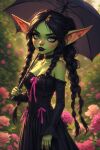 1girl goblin goblin_female goth goth_girl gothic_lolita green_skin solo_female solo_focus twin_braids