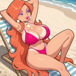 1girl 1girl 1girl 2025 ai_generated background beach big_breasts bikini bracelet breasts civitai d3rmal lipstick long_hair mr._bean:_the_animated_series mr._bean_(series) orange_hair relaxing sand tagme the_female_celebrity water