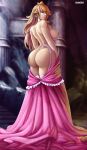 1girl ass back big_ass blonde blonde_hair blue_eyes crown dat_ass dress dress_down duplicate earrings female_human female_only flowerxl garter_belt garter_straps human lingerie long_blonde_hair long_gloves long_hair looking_at_viewer mario_(series) nipples pink_dress princess_peach royalty seductive_pose seductive_smile solo_female standing stockings super_mario_bros. thicc