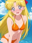 1girl adult_swim alluring bikini bishoujo_senshi_sailor_moon bishoujo_senshi_sailor_moon_r bishoujo_senshi_sailor_moon_r_the_movie bishoujo_senshi_sailor_moon_s bishoujo_senshi_sailor_moon_s_the_movie bishoujo_senshi_sailor_moon_supers bishoujo_senshi_sailor_moon_supers_the_movie blonde_hair blue_eyes blue_sky cleavage free_spirit_(artist) medium_breasts minako_aino nervous ocean orange_bikini toei_animation toonami wet