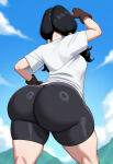 ai_generated back_view backboob bare_thighs big_ass big_ass big_breasts bike_shorts black_hair dragon_ball dragon_ball_z fat_ass gigantic_ass huge_breasts huge_thighs light-skinned_female light_skin massive_ass onlycakez pigtails solo_female squatting sweat sweatdrop t-shirt thick_body thick_female thick_thighs thighs videl voluptuous voluptuous_female