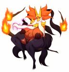 1girl big_ass big_breasts black_fur delphox flame flames fluffy_ears long_ears m_jr_art mega_delphox milf red_skin seductive seductive_smile sexy tail thick white_skin