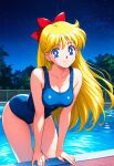 1girl accurate_art_style adult_swim alluring bare_legs bishoujo_senshi_sailor_moon bishoujo_senshi_sailor_moon_r bishoujo_senshi_sailor_moon_r_the_movie bishoujo_senshi_sailor_moon_s bishoujo_senshi_sailor_moon_s_the_movie bishoujo_senshi_sailor_moon_supers bishoujo_senshi_sailor_moon_supers_the_movie blonde_hair blue_eyes medium_breasts mikalizer minako_aino one-piece_bikini pin_up sailor_venus swimming_pool toei_animation toonami