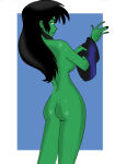 1girl 1girl 1girl ass black_hair breasts female_only green_eyes green_skin hulk_(series) koku-chan looking_back marvel marvel_comics nude rear_view she-hulk sideboob