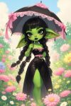 1girl goblin goblin_female goth goth_girl gothic_lolita green_skin solo_female solo_focus twin_braids