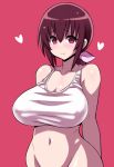 <3 1girl bare_arms bare_shoulders blush bottomless breasts brown_hair cleavage closed_mouth collarbone commentary_request covered_nipples groin hair_ribbon heart hoshizora_ikuyo konno_tohiro large_breasts long_hair looking_at_viewer low_ponytail mature navel out-of-frame_censoring pink_background pink_ribbon precure purple_eyes ribbon sidelocks smile smile_precure smile_precure! solo sports_bra stomach twitter