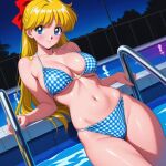 1girl adult_swim alluring bare_legs big_breasts bikini bishoujo_senshi_sailor_moon bishoujo_senshi_sailor_moon_r bishoujo_senshi_sailor_moon_r_the_movie bishoujo_senshi_sailor_moon_s bishoujo_senshi_sailor_moon_s_the_movie bishoujo_senshi_sailor_moon_supers bishoujo_senshi_sailor_moon_supers_the_movie blonde_hair blue_eyes cleavage minako_aino pin_up red_dream_(artist) swimming_pool toei_animation toonami