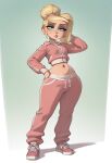 ai_generated bare_thighs belly_piercing big_breasts blat_0 blonde_hair blue_eyes courtney_babcock huge_thighs light-skinned_female light_skin paranorman ponytail solo_female squatting sweat sweatdrop thick_body thick_female thick_thighs thighs track_suit voluptuous voluptuous_female