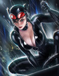 1girl animal_ears aqua_eyes batman_(series) big_breasts black_bodysuit black_choker black_hair bodysuit breasts cat_costume cat_ears catsuit catwoman choker city cityscape cleavage closed_mouth dc_comics dcau dutch_angle fake_animal_ears female_only female_solo goggles goggles_on_head hair_between_eyes lips lipstick looking_at_viewer makeup naughty_face night night_sky outside rain raining red_lipstick sakimichan selina_kyle short_hair skin_tight smile water wet wet_body wet_clothes wet_hair