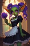 big_ass goblin goblin_female green_skin maid maid_uniform pink_eyes purple_hair