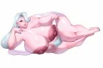 1girl big_ass big_breasts blanket cute long_hair m_jr_art melony_(pokemon) milf pillow posing pubic_hair seductive seductive_smile sexy thick white_hair