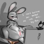  1girl 1girl 2017 anthro anus blush bottomless clitoral_hood clitoris clothed clothing clothing_lift computer disney fingering fur furry glacierclear grey_fur half-closed_eyes high_res judy_hopps lagomorph laptop mammal masturbation multicolored_fur nude open_mouth panties panties_around_leg presenting presenting_pussy purple_eyes pussy rabbit shirt shirt_lift spread_legs spreading teeth text underwear vaginal vaginal_fingering webcam zootopia 