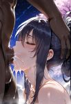 1boy1girl 1girl ai_generated akeno_himejima cum curvy curvy_female curvy_figure dark-skinned_male dark_skin fellatio fellatio high_school_dxd long_hair night night_sky nude onsen ponytail sex