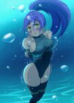 1girl anger_vein arms_behind_back arms_tied_behind_back asphyxiation bdsm big_breasts black_thighhighs bleach bondage bound breasts closed_mouth convulsing convulsions covered_navel detached_sleeves drowning feet_out_of_frame female geldibson green_eyes leotard long_hair navel ponytail puffy_cheeks purple_hair shihouin_yoruichi sleeveless sleeveless_leotard solo solo_female stockings struggling tagme underwater underwater_peril underwater_peril_aladdin v-shaped_eyebrows