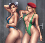 1girl 2_girls ass big_ass big_breasts blue_slingshot_swimsuit blue_swimsuit breasts cammy_white chun-li female_only flowerxl green_sling_bikini shower sling_bikini street_fighter swimsuit