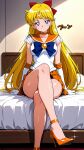 1girl accurate_art_style adult_swim alluring bed bishoujo_senshi_sailor_moon bishoujo_senshi_sailor_moon_r bishoujo_senshi_sailor_moon_r_the_movie bishoujo_senshi_sailor_moon_s bishoujo_senshi_sailor_moon_s_the_movie bishoujo_senshi_sailor_moon_supers bishoujo_senshi_sailor_moon_supers_the_movie blonde_hair blue_eyes clothed crossed_legs high_heels id@ido minako_aino on_bed orange_pumps toei_animation toonami