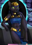  1girl 2017 aladdin_(series) anthro armpits black_fur bra breasts chair clothing disney feline fur furry green_eyes loincloth mammal mirage_(aladdin) nipples pussy rika_(artist) sitting smile throne translucent transparent_clothing underwear 