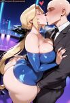  1boy1girl 1girl ai_generated ass blonde_hair curvy curvy_female curvy_figure dead_or_alive dress helena_douglas kissing long_hair ponytail 