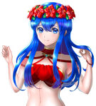 1girl 1girl alluring bikini bikini_top_only blue_eyes blue_hair bracelet closed_mouth female_focus fire_emblem fire_emblem:_the_binding_blade flower hair_between_eyes hair_flower hair_ornament head_wreath hibiscus intelligent_systems jewelry lilina_(fire_emblem) lilina_(summer)_(fire_emblem) long_hair looking_at_viewer medium_breasts navel nintendo red_bikini red_flower simple_background smile swimsuit uni_(uni9248) upper_body white_background