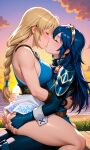 2girls ai_generated alluring ass ass_grab blonde_hair blue_hair closed_eyes crossover fire_emblem fire_emblem_awakening fire_emblem_warriors intelligent_systems kissing lucina lucina_(fire_emblem) nightcore_(artist) nintendo sitting_on_lap sophitia_alexandra soul_calibur soul_calibur_ii sunset thick_thighs
