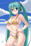 1girl adjusting_clothes adjusting_swimsuit armpits big_breasts bikini blue_eyes blush breasts cleavage cloud covered_nipples day daytime female_only green_hair headphones hormone_koijirou long_hair micro_bikini miku_hatsune nose_blush shiny shiny_skin side-tie_bikini skindentation sky solo_female strap_gap swimsuit twin_tails tying untied very_long_hair vocaloid