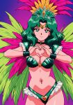 1girl accurate_art_style adult_swim alluring big_breasts bishoujo_senshi_sailor_moon bishoujo_senshi_sailor_moon_r bishoujo_senshi_sailor_moon_r_the_movie bishoujo_senshi_sailor_moon_s bishoujo_senshi_sailor_moon_s_the_movie bishoujo_senshi_sailor_moon_supers bishoujo_senshi_sailor_moon_supers_the_movie carnival carnival_outfit cleavage heart_hands michiru_kaioh michiru_kaiou nightcore_(artist) samba_outfit teal_eyes teal_hair toei_animation toonami