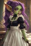 big_ass goblin goblin_female green_skin maid maid_uniform pink_eyes purple_hair