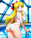 1girl accurate_art_style adult_swim alluring big_breasts bishoujo_senshi_sailor_moon bishoujo_senshi_sailor_moon_r bishoujo_senshi_sailor_moon_r_the_movie bishoujo_senshi_sailor_moon_s bishoujo_senshi_sailor_moon_s_the_movie bishoujo_senshi_sailor_moon_supers bishoujo_senshi_sailor_moon_supers_the_movie blonde_hair blue_eyes butt dddske looking_at_viewer minako_aino one-piece_bikini pin_up posing rei_no_pool swimming_pool toei_animation toonami white_one-piece_bikini