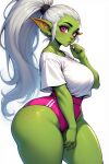 big_ass big_breasts buruma goblin goblin_female green_skin pink_eyes school_uniform silver_hair thick_thighs