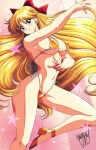 1girl absurd_res adult_swim alluring back_bow bare_legs barefoot big_breasts bikini bishoujo_senshi_sailor_moon bishoujo_senshi_sailor_moon_r bishoujo_senshi_sailor_moon_r_the_movie bishoujo_senshi_sailor_moon_s bishoujo_senshi_sailor_moon_s_the_movie bishoujo_senshi_sailor_moon_supers bishoujo_senshi_sailor_moon_supers_the_movie blonde_hair blue_eyes bow danmakuman high_heels_only high_res long_hair looking_at_viewer medium_breasts minako_aino navel open_mouth pumps_only sailor_venus signature smile toonami very_long_hair