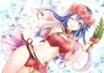 1girl 1girl alluring atoatto bikini blue_eyes blue_hair blush fire_emblem fire_emblem:_the_binding_blade fire_emblem_heroes flower intelligent_systems lilina_(fire_emblem) lilina_(summer)_(fire_emblem) long_hair looking_at_viewer medium_breasts navel nintendo one_eye_closed open_mouth smile swimsuit