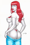 1girl arms_at_sides ass back big_ass big_breasts blue_eyes blue_pants breasts carlos_braga expressionless female_only female_solo from_behind highleg highleg_panties lips lipstick long_hair looking_at_viewer looking_back makeup marvel marvel_comics mary_jane_watson midriff neck panties pants pants_pull red_hair red_lipstick red_panties red_underwear serious shiny shiny_hair shirt sideboob simple_background spider-man_(series) standing straight_hair t-shirt under_boob underwear white_background white_shirt