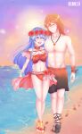 1boy 1girl abs absurd_res arm_around_waist beach bikini black_one-piece_bikini blue_eyes blue_hair brown_eyes brown_hair fire_emblem fire_emblem:_the_binding_blade fire_emblem_heroes footprints head_wreath high_res intelligent_systems jewelry lilina_(fire_emblem) lilina_(summer)_(fire_emblem) necklace nintendo official_alternate_costume one-piece_swimsuit red_bikini rutger_(fire_emblem) sand sandals smile swimsuit water wristband