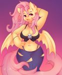 1girl 4_fingers anthro armpits bat_wings breasts clothing equine fishnet flutterbat_(mlp) fluttershy_(mlp) friendship_is_magic furry hair hand_on_hip jeans mammal membranous_wings my_little_pony navel pants pegasus piercing pink_hair raikissu red_eyes skull thick_thighs torn_clothing torn_jeans torn_pants vampire wide_hips wings